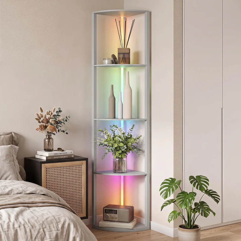 HOMCOM Lampă LED de podea 5 nivele dimabilă cu raft, schimbare de culoare RGB, telecomandă