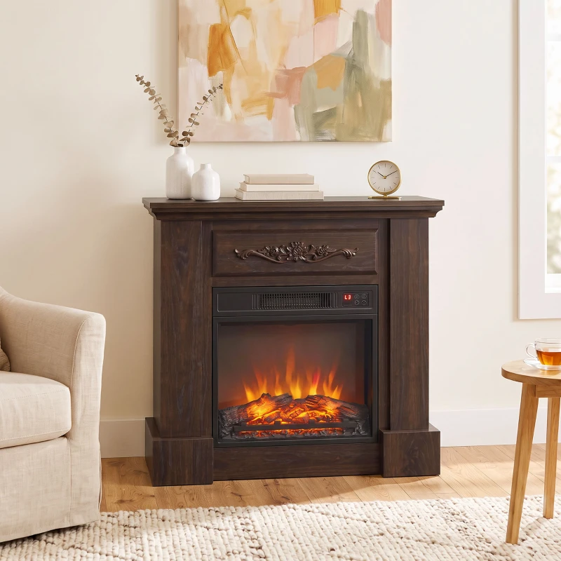HOMCOM Stand-Elektrokamin 1800W mit Flammeneffekt, Fernbedienung, Timer und einstellbarer Temperatur, Braun
