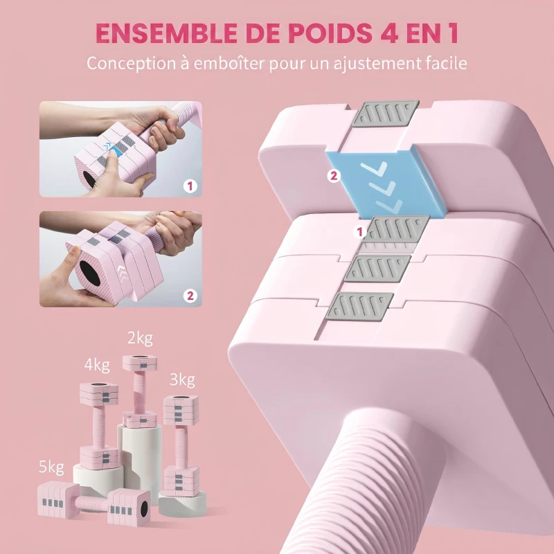 SPORTNOW Ensemble d'Haltères Réglables 2 x 5 kg, Paires d'Haltères 1 kg/2 kg/3 kg/4 kg/5 kg avec Poignée Antidérapante, Rose