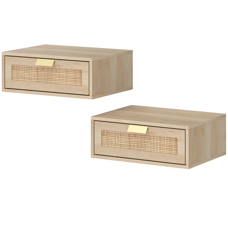 HOMCOM Juego de 2 Mesitas de Noche Flotantes con Cajón de Ratán Ahorra Espacio Diseño Moderno 40x30x15 cm Natural