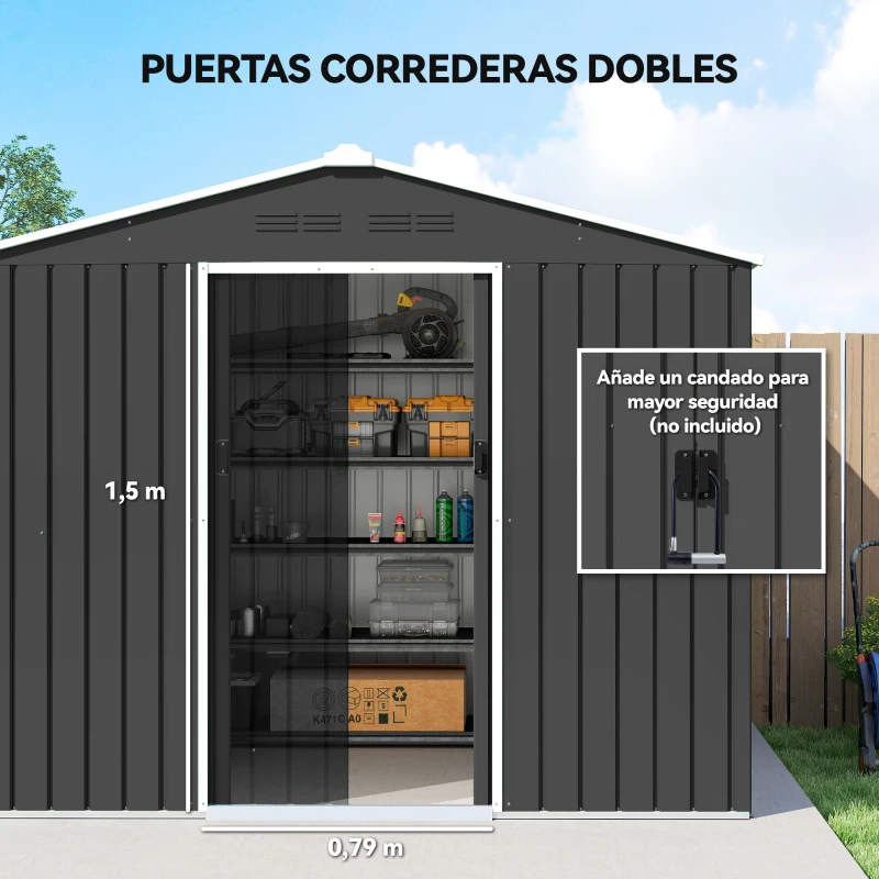 Outsunny Cobertizo de Jardín Exterior 3,6 m² 236x171x191 cm con Puertas Correderas y Ranuras de Ventilación Gris Oscuro