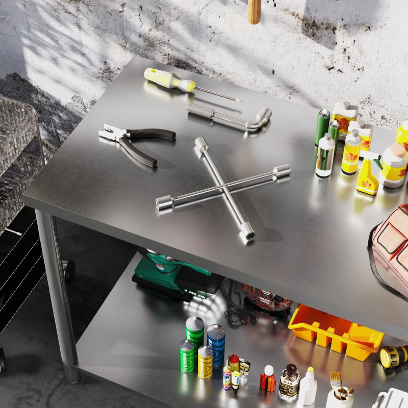 HOMCOM Mesa de Trabajo de Acero Inoxidable con 2 Estantes para Cocina Garaje Taller Carga 100 kg 120x60x86 cm Plata