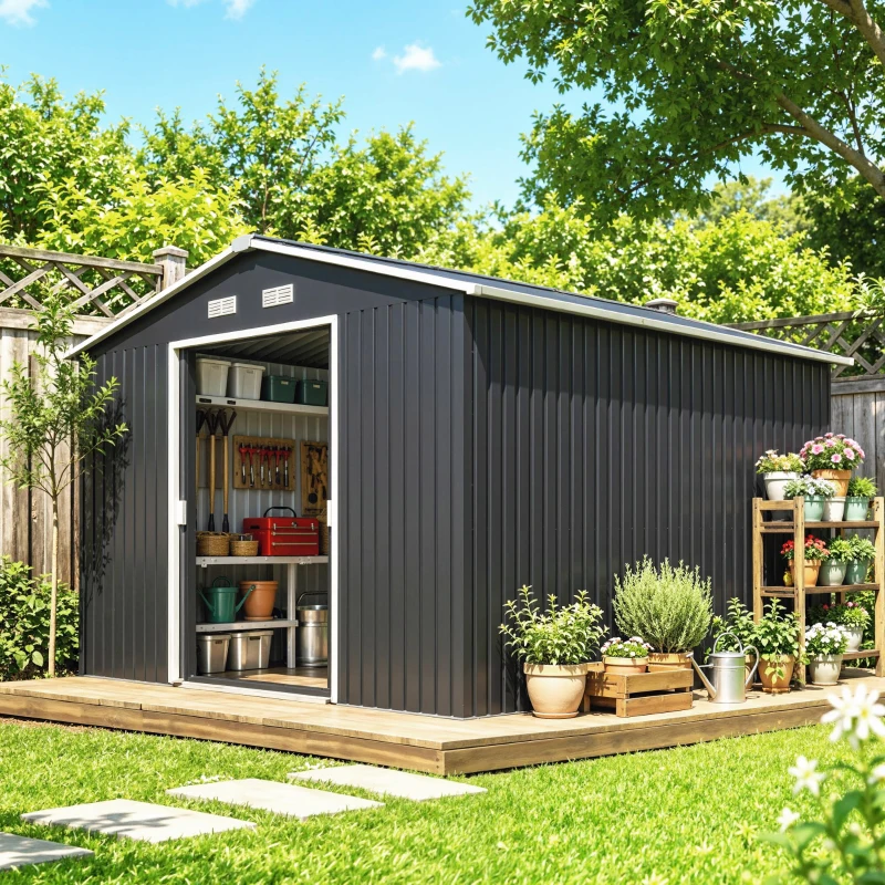 Outsunny Cobertizo de Jardín 8,3 m² 277x322x192 cm con 2 Puertas Corredizas Base Refuerzo (Suelo NO Incluido) Gris