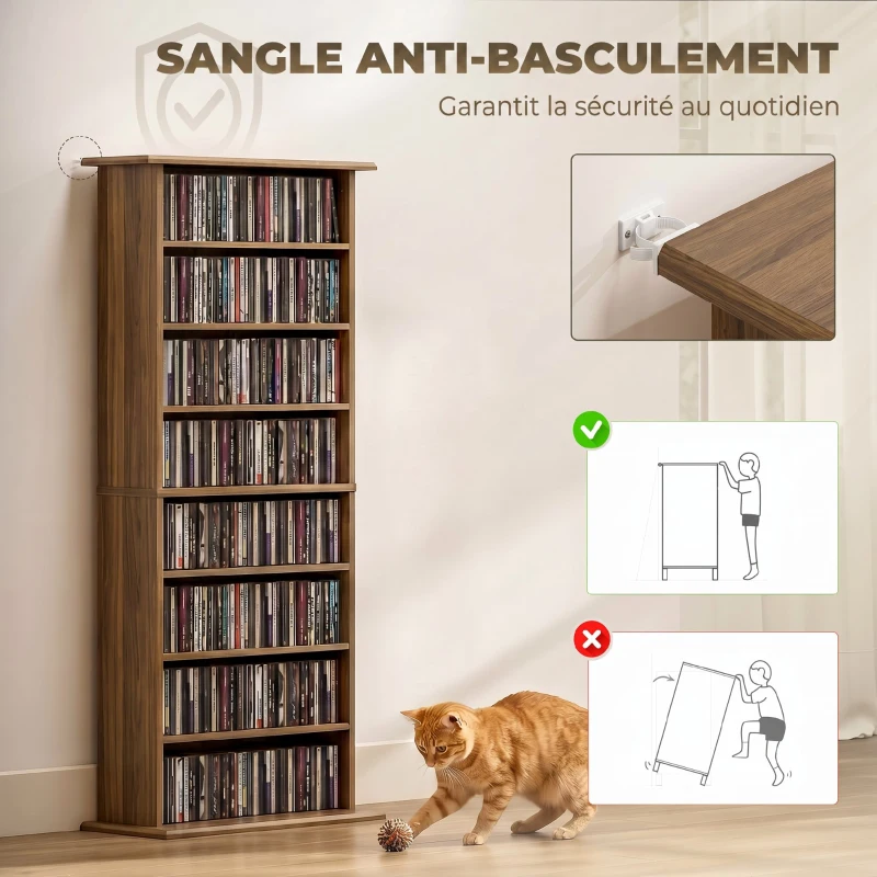 HOMCOM Rangements pour CD et DVD avec 8 compartiments et 6 étagères réglables, capacité max. 360 CD/185 DVD et Blu-ray, noyer