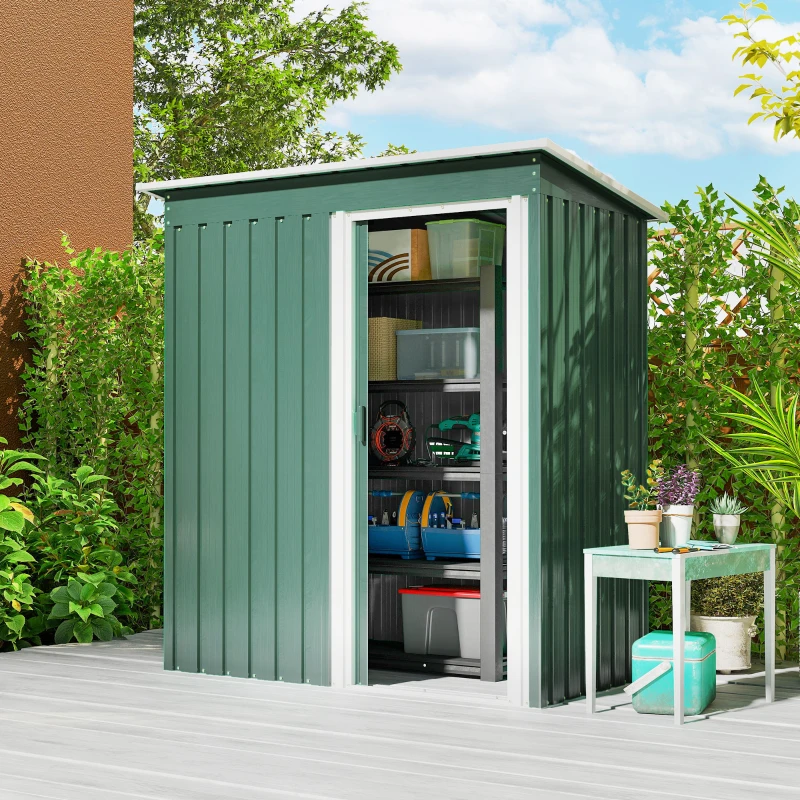 Outsunny Cobertizo de Jardín Exterior 1,16 m² 163x89x182 cm Caseta Metálica con Puerta Corredera y Techo Inclinado Verde