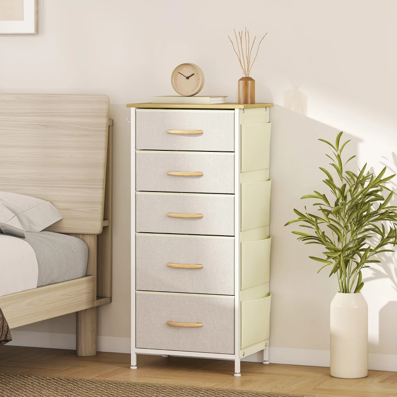 HOMCOM Schlafzimmer-Kommode mit 5 Stoffschubladen, Stahlstreben, Holzoberfläche, 4 Aufbewahrungstaschen, 2 Haken, Beige