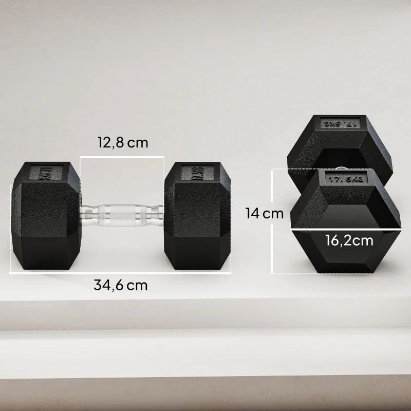 HOMCOM Set de 2 Mancuernas Hexagonales de 2x17,5 kg de Hierro Fundido Recubiertas en Goma para Entrenamiento en Casa Gimnasio