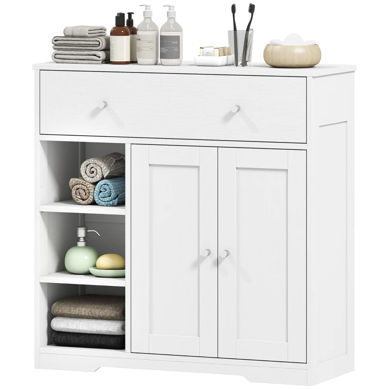 HOMCOM Armário de Casa de Banho Estreito com Gaveta 2 Portas e 3 Prateleiras Abertas 80x30x80,2 cm Branco Texturado