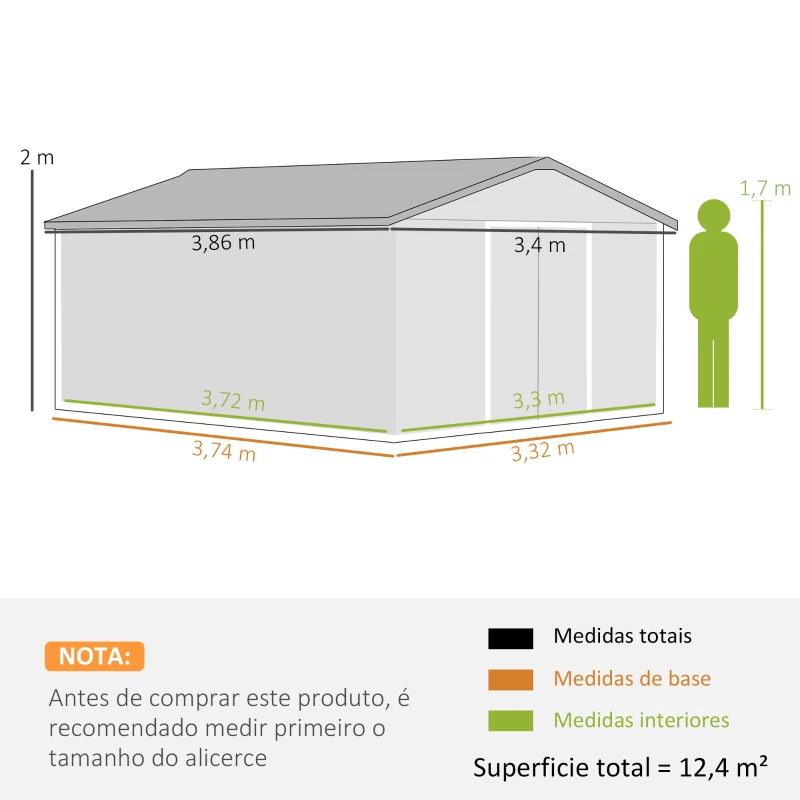 Outsunny Caseta de Jardim Exterior, 12,4 m² 340x386x200 cm Abrigo de Jardim Metálico com Portas Duplas com Fechadura, Kit de Fundação e Ventilação para Armazenamento de Bicicletas, Cor Ocre Escuro