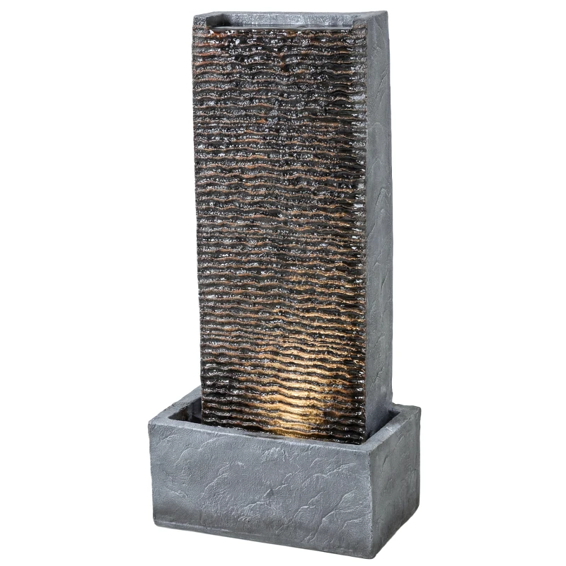 Outsunny Springbrunnen 2-stufig Gartenbrunnen mit LED Beleuchtung Pumpe Granitoptik 37,5 x 22 x 80 cm