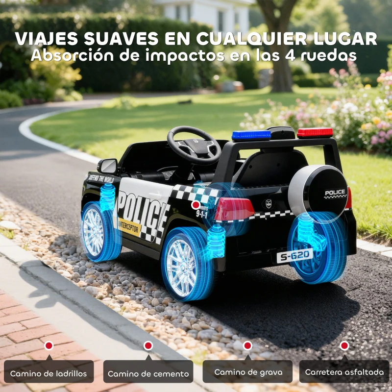 AIYAPLAY Coche Eléctrico para Niños de Policía con Mando a Distancia Motor Doble Sirena Suspensión en 4 Ruedas y Faros Negro