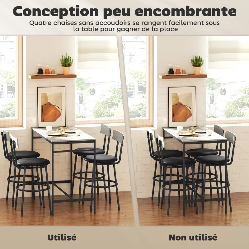 HOMCOM Ensemble table de bar avec tabourets, table haute bar et 4 tabourets, structure en acier, 110 x 55 x 90 cm, blanc