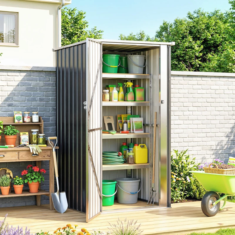 Outsunny Cobertizo de Jardín Exterior 0,69 m² 83x89x163 cm con Techo Inclinado Puerta con Cerradura Incluye Guantes Gris Oscuro