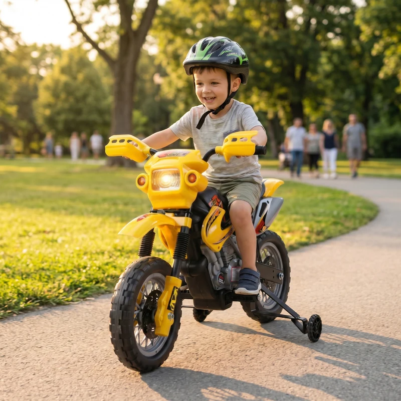 HOMCOM Moto Eléctrica para Niños con Ruedas de Apoyo Desmontables Faros y Música para Niños 3-6 Años Amarillo