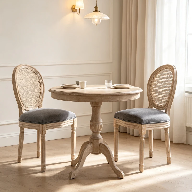 HOMCOM Set di 2 Sedie Sala da Pranzo in Tessuto Effetto Lino con Schienale in Rattan Traforato, Gambe in Legno, Grigio