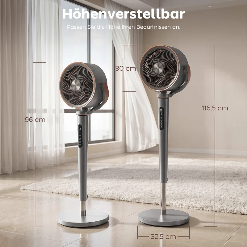 HOMCOM Standventilator Luftzirkulator Lüfter mit 12 Geschwindigkeitsstufen LED-Display Fernbedienung 70°+90° Oszillation Grau