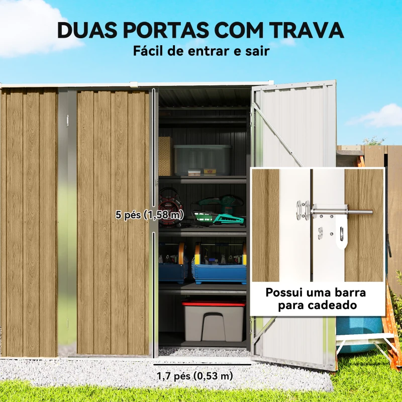 Outsunny Abrigo de Jardim Exterior Metálico 1,37 m² 163x89x163 cm com Telhado Inclinado, Portas com Fecho e Luvas Castanho