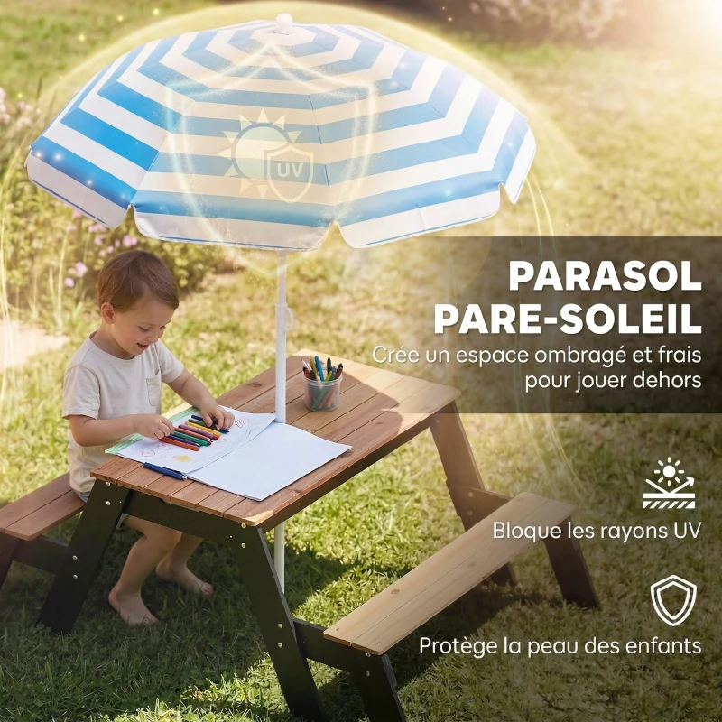 AIYAPLAY Table de pique-nique enfants avec parasol, 3 en 1 salon de jardin en bois pour enfants 3-6 ans avec 2 boîtes, naturel