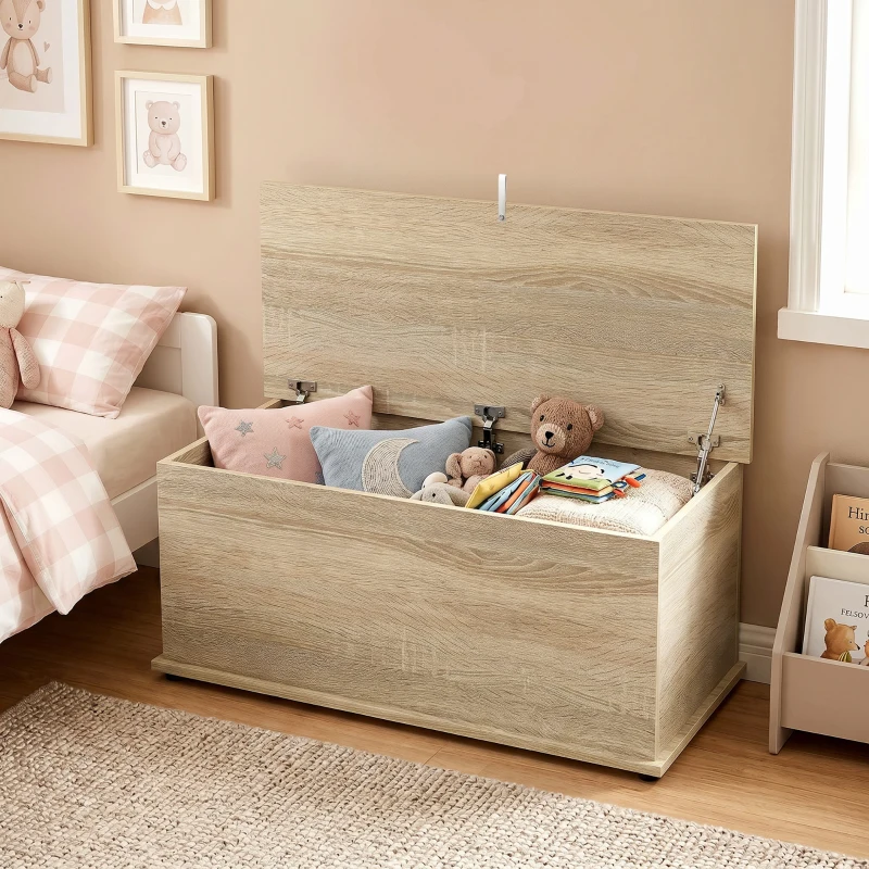 HOMCOM Coffre de rangement, banc de rangement avec couvercle rabattable et charnières de sécurité, 100 x 40 x 40 cm, naturel