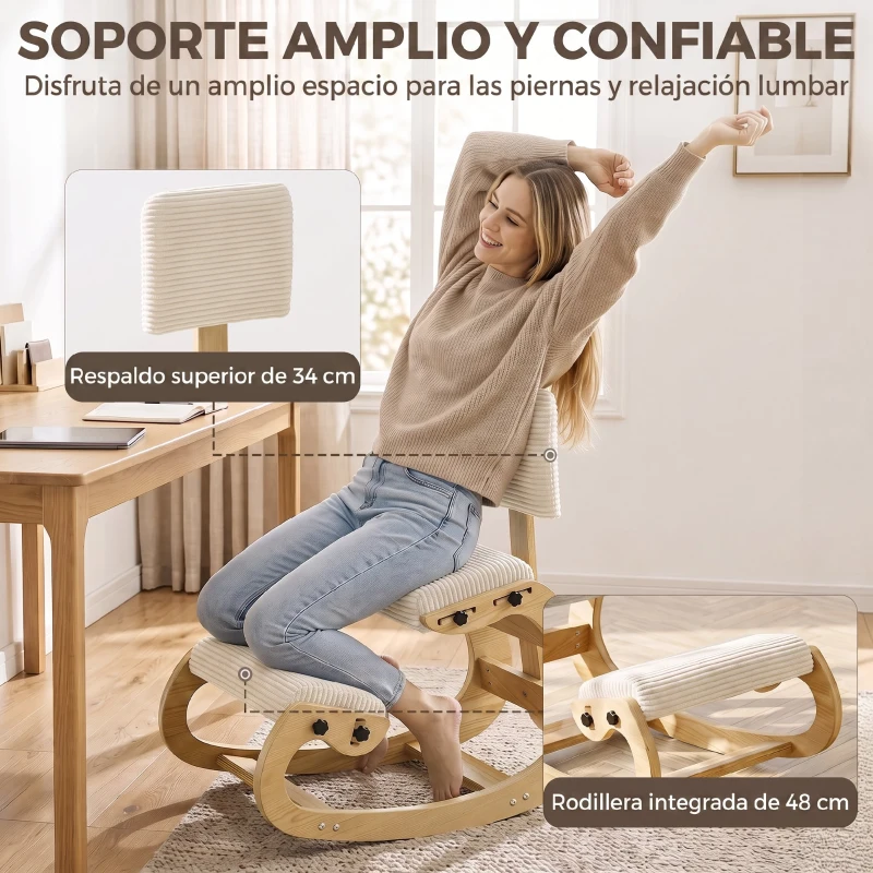 HOMCOM Silla de Rodillas Ergonómica con Respaldo Apoyo para Rodillas y Tapizado de Pana Crema