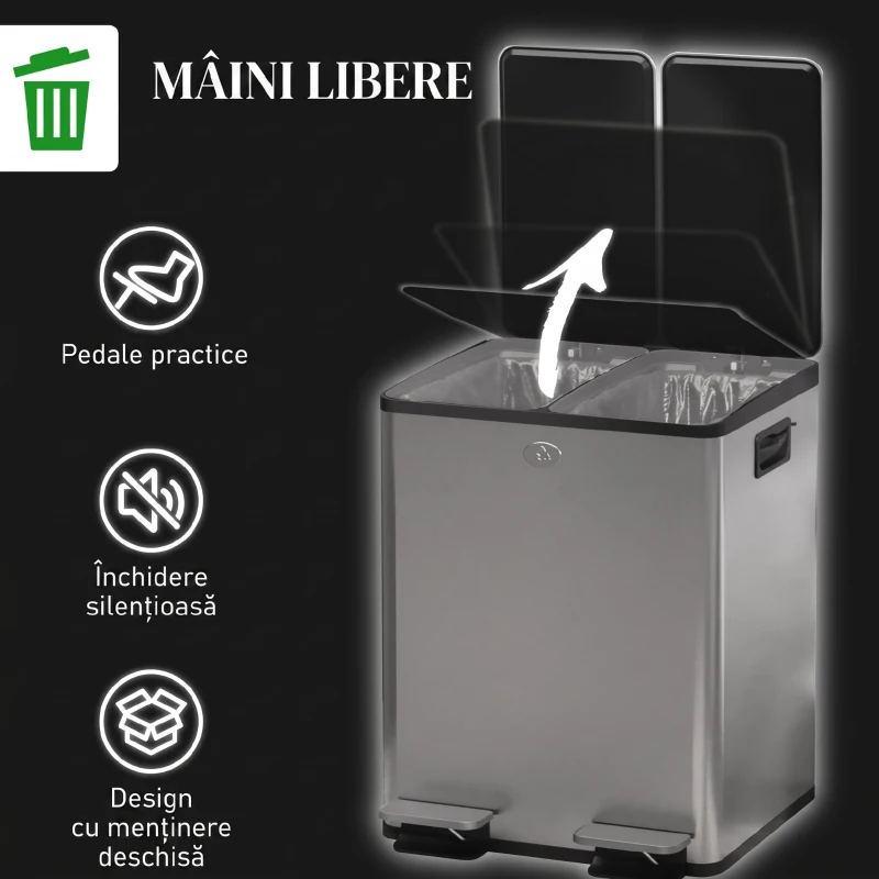 HOMCOM Coș de Gunoi cu 2 Compartimente de 20L cu Închidere Silențioasă, din Oțel Inoxidabil și PP, 45.8x36x51.6 cm