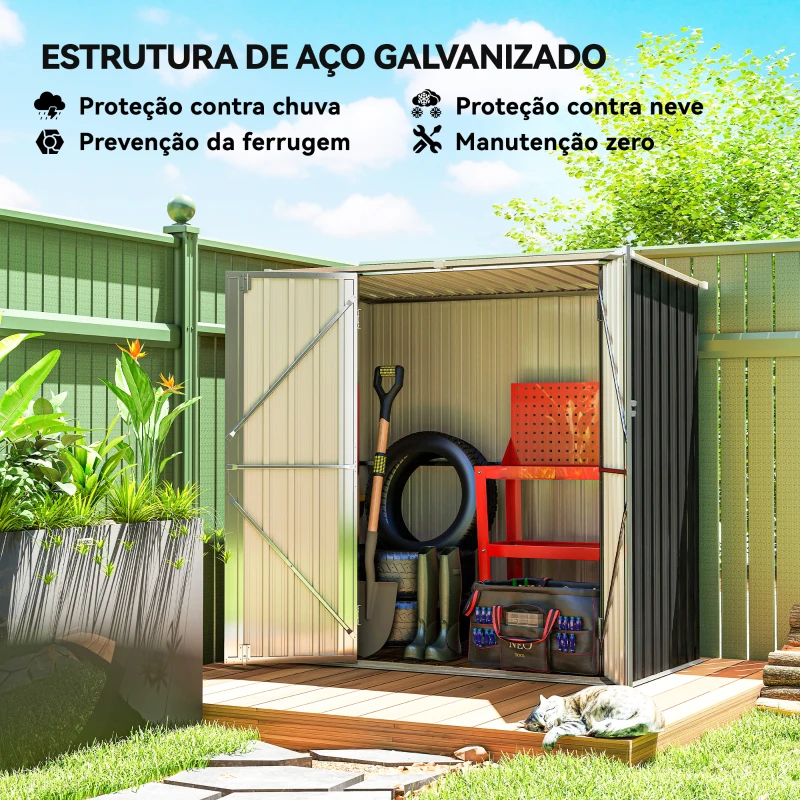 Outsunny Abrigo de Jardim Exterior Metálico 1,37 m² 163x89x163 cm com Telhado Inclinado, Portas com Fecho e Luvas Cinzento