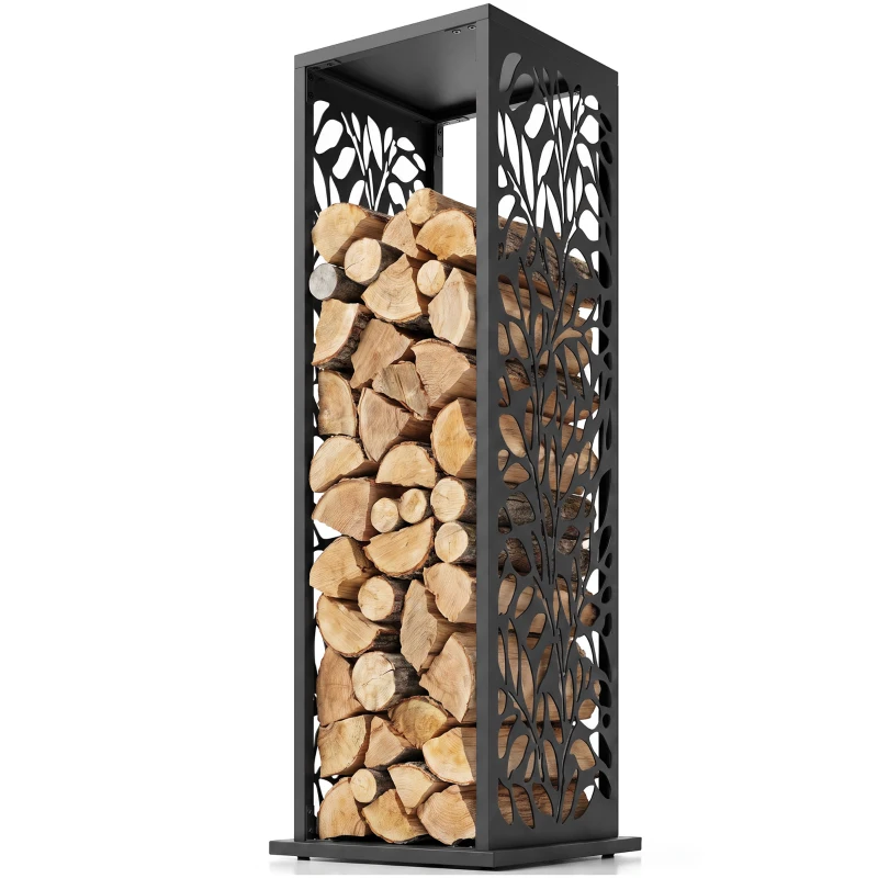 Outsunny aminholzregal 38 x 38 x 112cm erhöhtes Brennholzregal mit 4 Haken Dekorative Aussparungen bis 100 kg Stahl