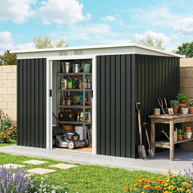 Outsunny Abrigo de Jardim 280x130x172cm Abrigo de Exterior de Aço Galvanizado com Porta Corredeira e Ventilações Cinza Escuro