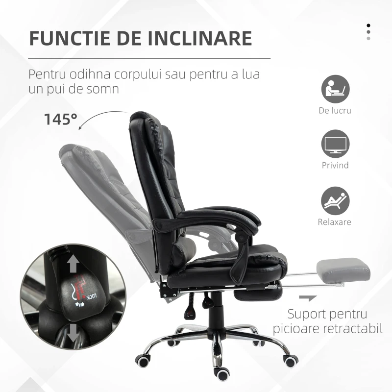 HOMCOM Scaun de Birou din Piele artificiala Neagra Inaltime Reglabila cu Spatar Rabatabil la 145° si Suport pentru Picioare, 64,5x69x117-127 cm