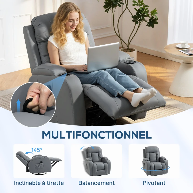 HOMCOM Fauteuil Inclinable de Massage et Chauffage, Fauteuil de Relaxation, Dossier Réglable, Pivotant, 82x99x103cm, Gris Clair