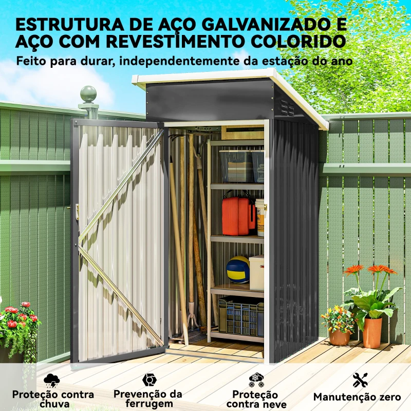 Outsunny Abrigo Exterior Metálico 107,5x91x185 cm Abrigo de Jardim com Teto Inclinado Porta com Trinco Ventilação e Luvas Cinza Escuro