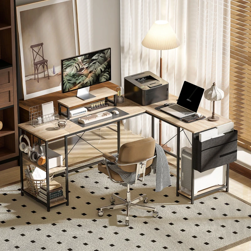 HOMCOM Escritorio Esquinero Reversible en L Largo 168-240 cm Industrial con Soporte Monitor y CPU Estantería Bolsillo Natural