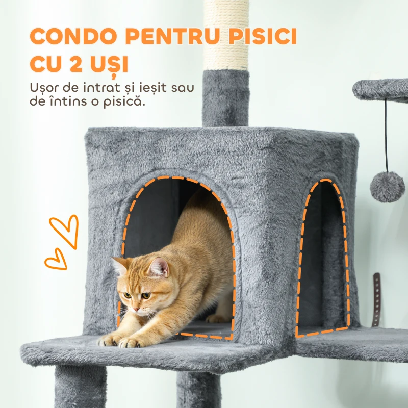 PawHut Arbore pentru pisici cu sisal, 202 cm înălțime, cu 6 stâlpi din sisal, 2 căsuțe, 2 hamace și un pat, gri