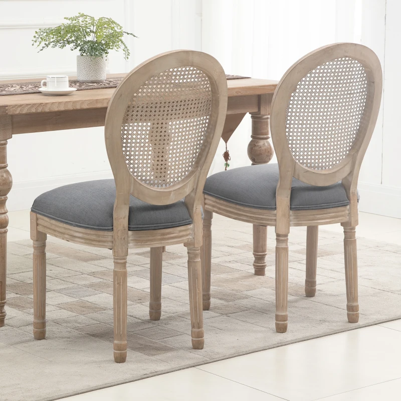 HOMCOM Set di 2 Sedie Sala da Pranzo in Tessuto Effetto Lino con Schienale in Rattan Traforato, Gambe in Legno, Grigio