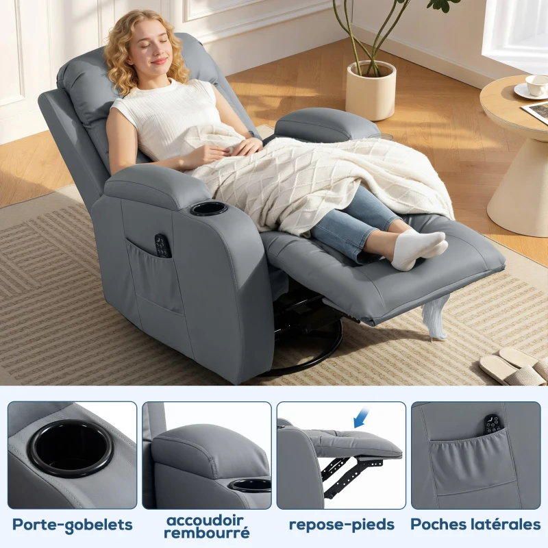HOMCOM Fauteuil Inclinable de Massage et Chauffage, Fauteuil de Relaxation, Dossier Réglable, Pivotant, 82x99x103cm, Gris Clair