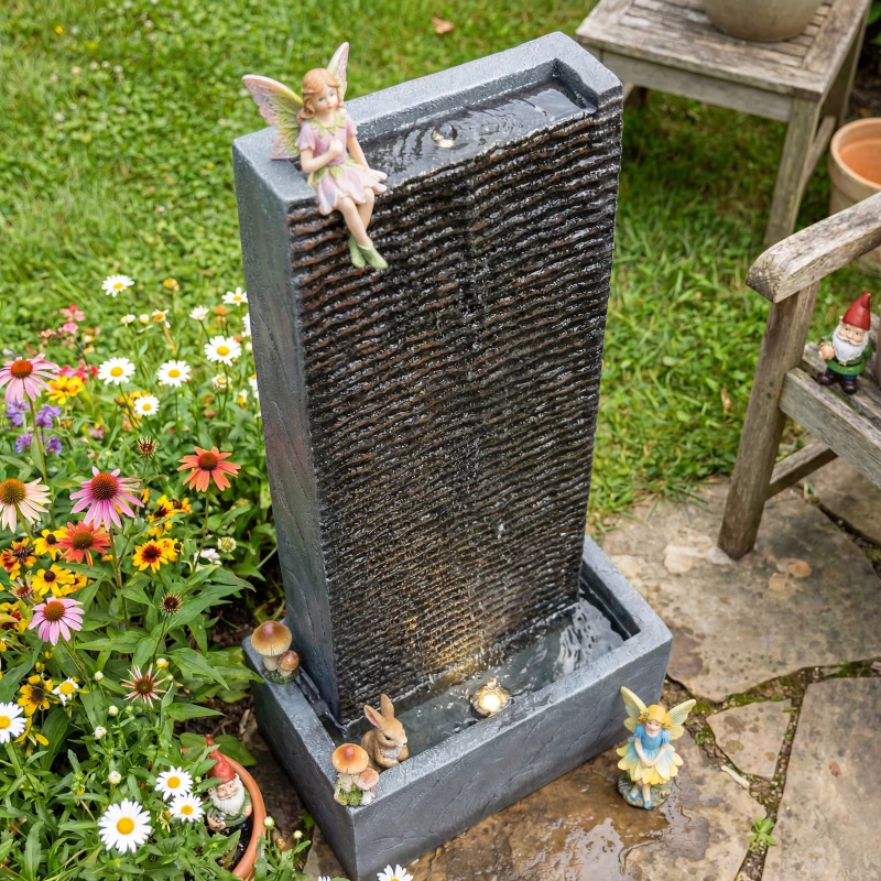 Outsunny Springbrunnen 2-stufig Gartenbrunnen mit LED Beleuchtung Pumpe Granitoptik 37,5 x 22 x 80 cm