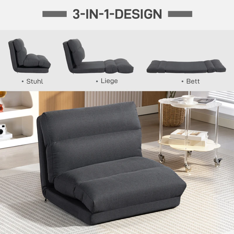 HOMCOM Sitzsack mit Bettfunktion, neigbare Lehne, klappbar, bis 120kg, 70 x 72 x 56 cm, Dunkelgrau