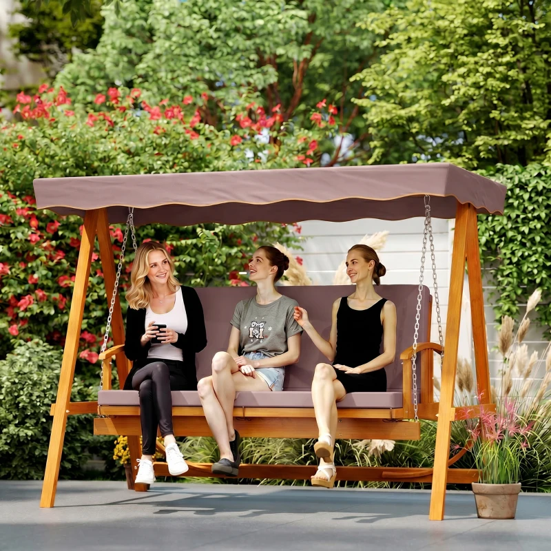 Outsunny Hollywoodschaukel mit Sonnendach, Echtholz-Gartenschaukel, Schaukelbank mit Liege-Funktion, für 3 Personen, Braun(m-8)