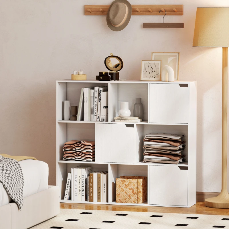 HOMCOM Bibliothèque étagère de rangement 9 cubes avec 3 portes et 6 compartiments ouverts, 106 x 24 x 95 cm, blanc