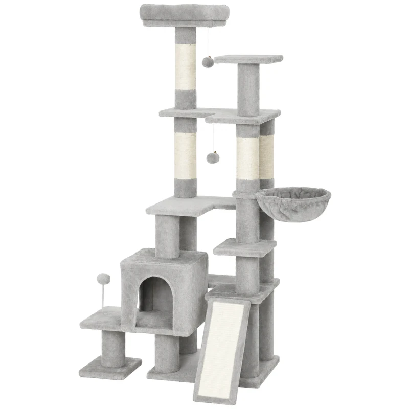 PawHut Árvore Arranhadora para Gatos 152 cm Multinível com Casinha, Rede, Cama, Escada Arranhadora, 4 Postes de Sisal e Bolas, Cinzento Claro
