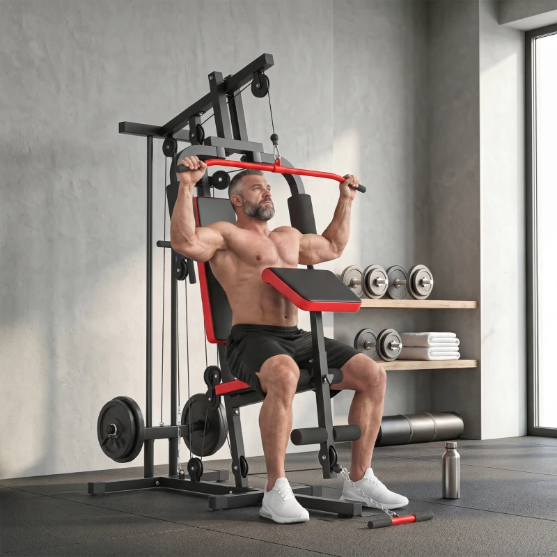 SPORTNOW Station de Musculation Multifonction à Disques Libres, avec Banc Amovible, 136x107x205cm, Noir et Rouge