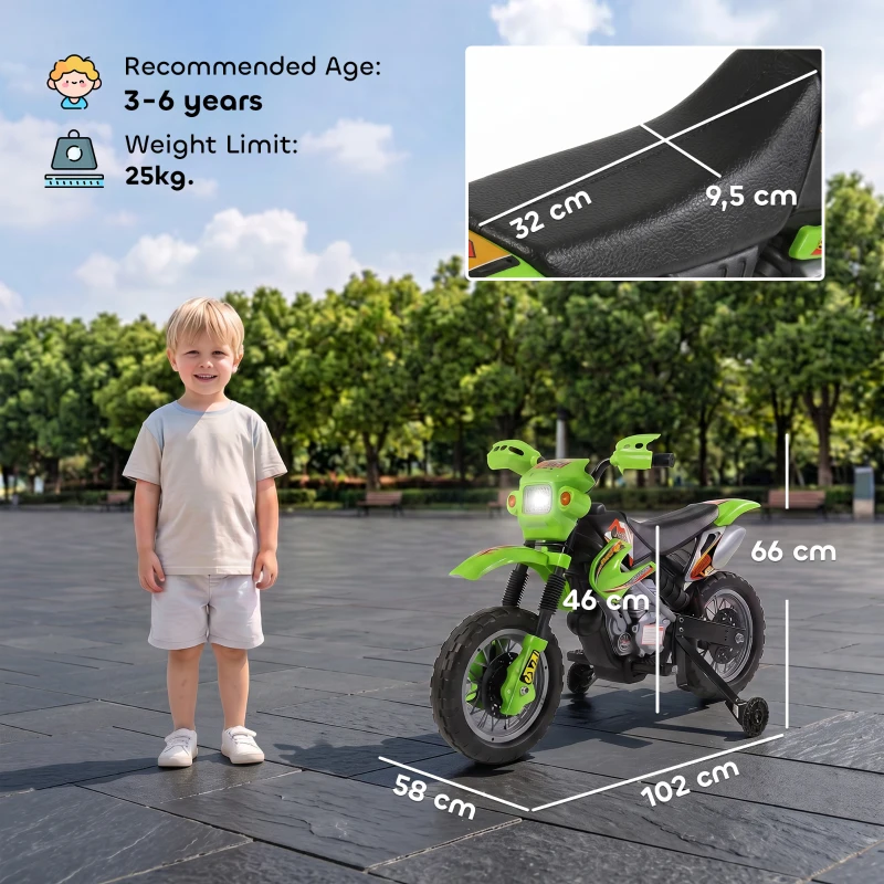 HOMCOM Moto Eléctrica para Niños con Ruedas de Apoyo Desmontables Faros y Música para Niños 3-6 Años Verde