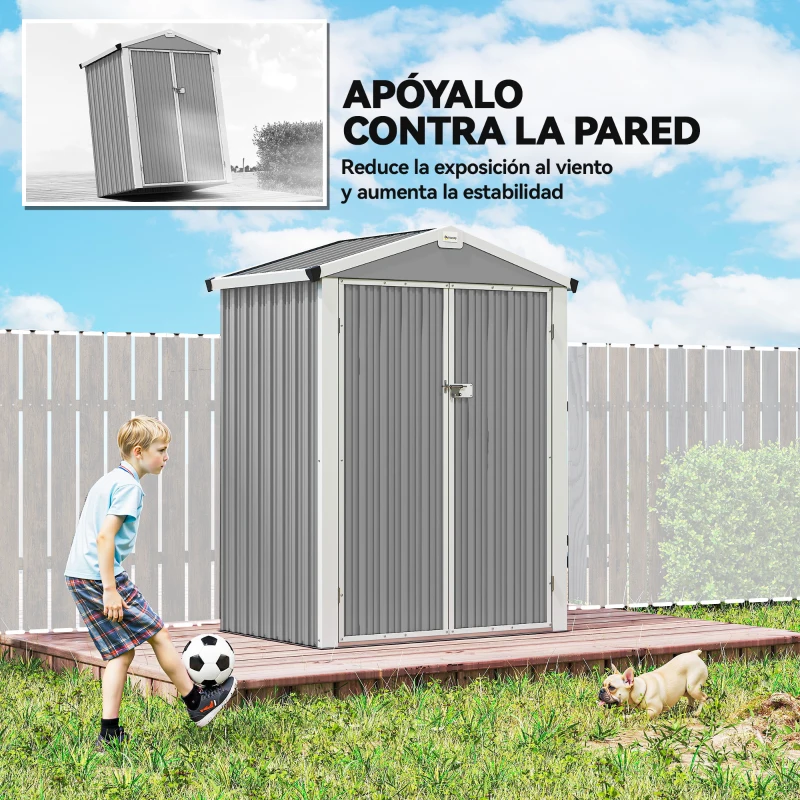 Outsunny Cobertizo de Jardín Exterior 1,1 m² 133x87x178 cm con 2 Puertas Abatibles Techo a Dos Aguas y Guantes Gris Plateado