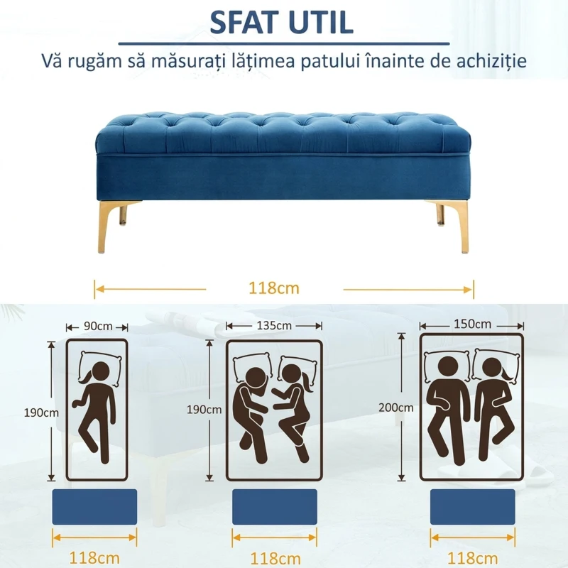 HOMCOM Bancă pentru Capăt de Pat, Banchetă Decorativă din Catifea cu Picioare Metalice, pentru Dormitor și Hol