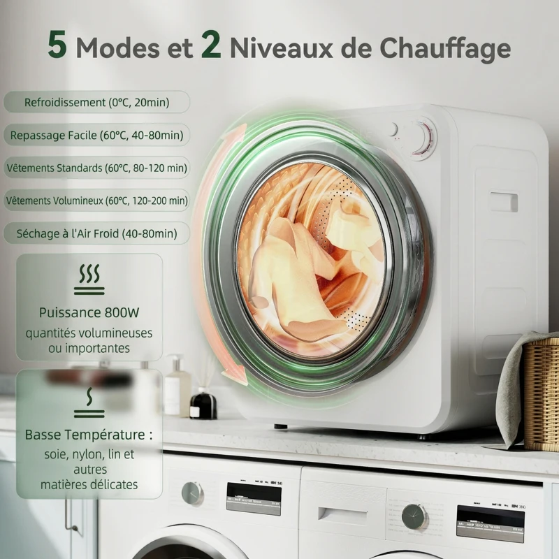 HOMCOM Sèche-linge à évacuation portable 2,5 Kg, sèche-linge électrique 400/800 W, 5 modes de séchage, 48 x 44 x 57 cm, blanc(m-4)