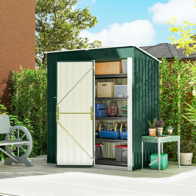 Outsunny Abrigo de Jardim Exterior 1,37 m² 163x90x179 cm com Porta com Fechadura e Grelhas de Ventilação Verde