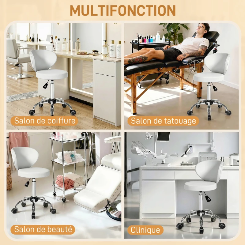 HOMCOM Tabouret à roulettes, tabouret de massage en PU avec hauteur réglable 73-88 cm et dossier, pivotant 360°, blanc