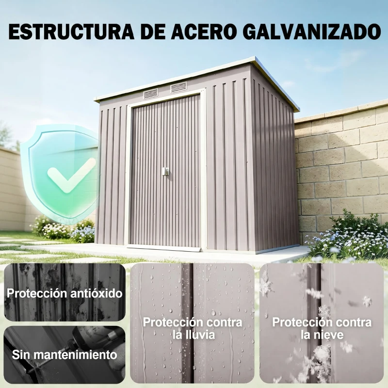 Outsunny Cobertizo de Jardín Exterior 2,42 m² 213x130x172 cm con Puerta Corredera Techo Inclinado Base y 2 Ventanas Gris Claro