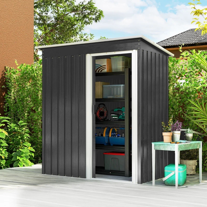 Outsunny Abrigo de Jardim Exterior 1,5 m² 163x89x182 cm Abrigo Metálico para Ferramentas com Porta de Correr e Teto Inclinado Preto