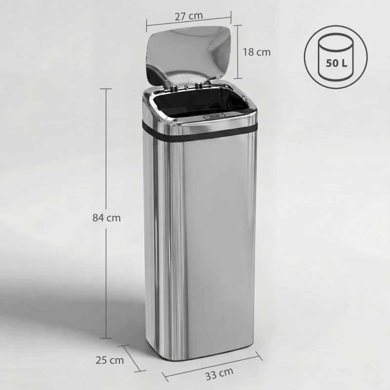 HOMCOM Sensor Mülleimer 50L Automatik Mülleimer mit Bewegungssensor, Wasserdichter Abfalleimer für Büro, Schlafzimmer, Küchen Edelstahl Silber